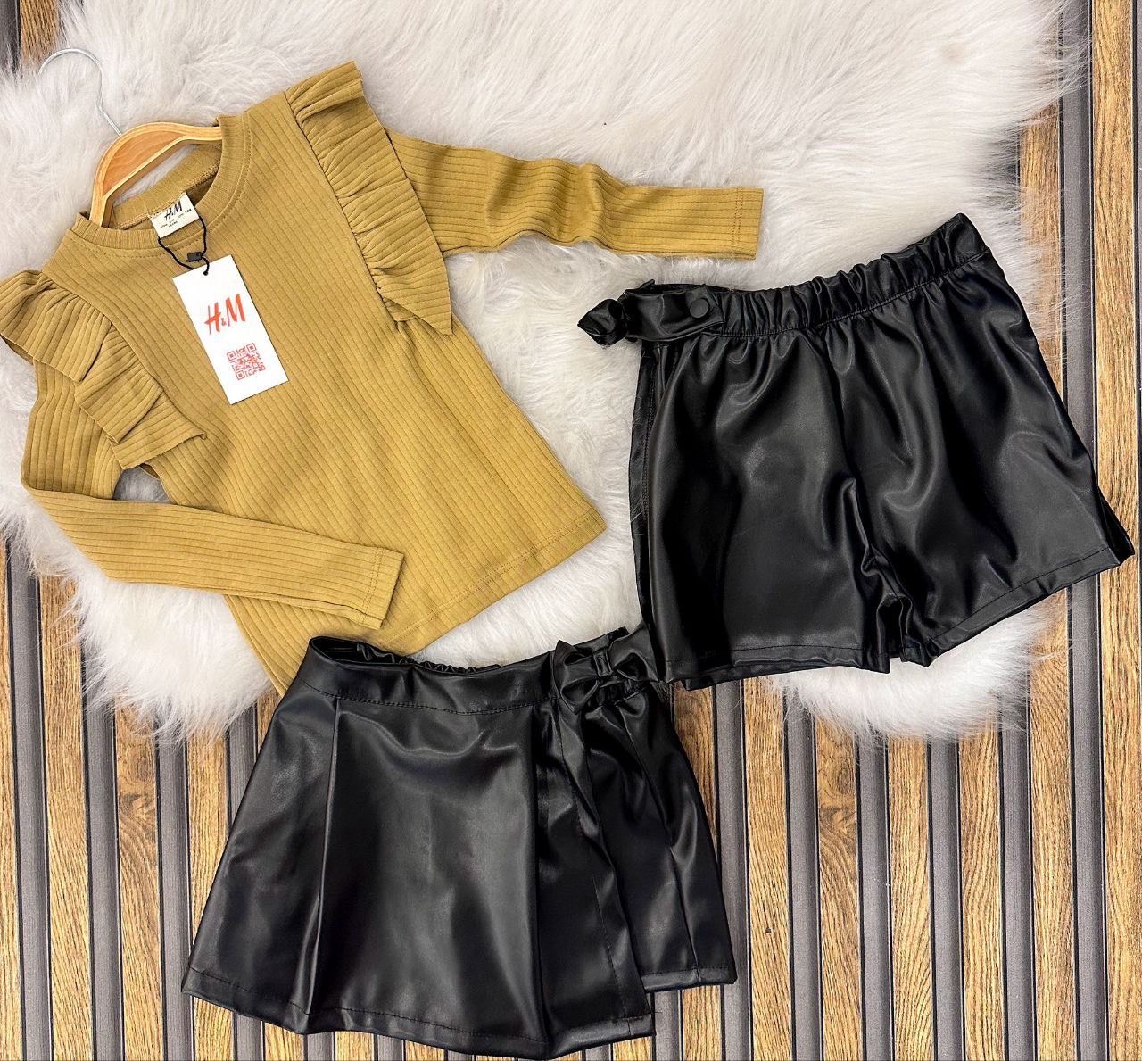 camel bluz deri şort etek takım