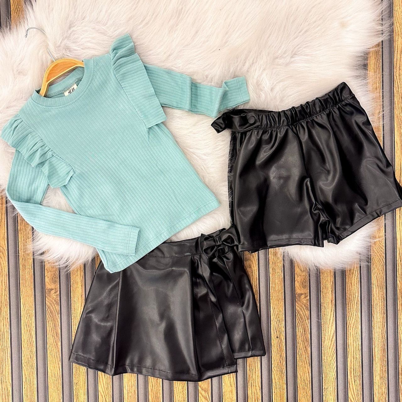 mavi bluz deri şort etek takım