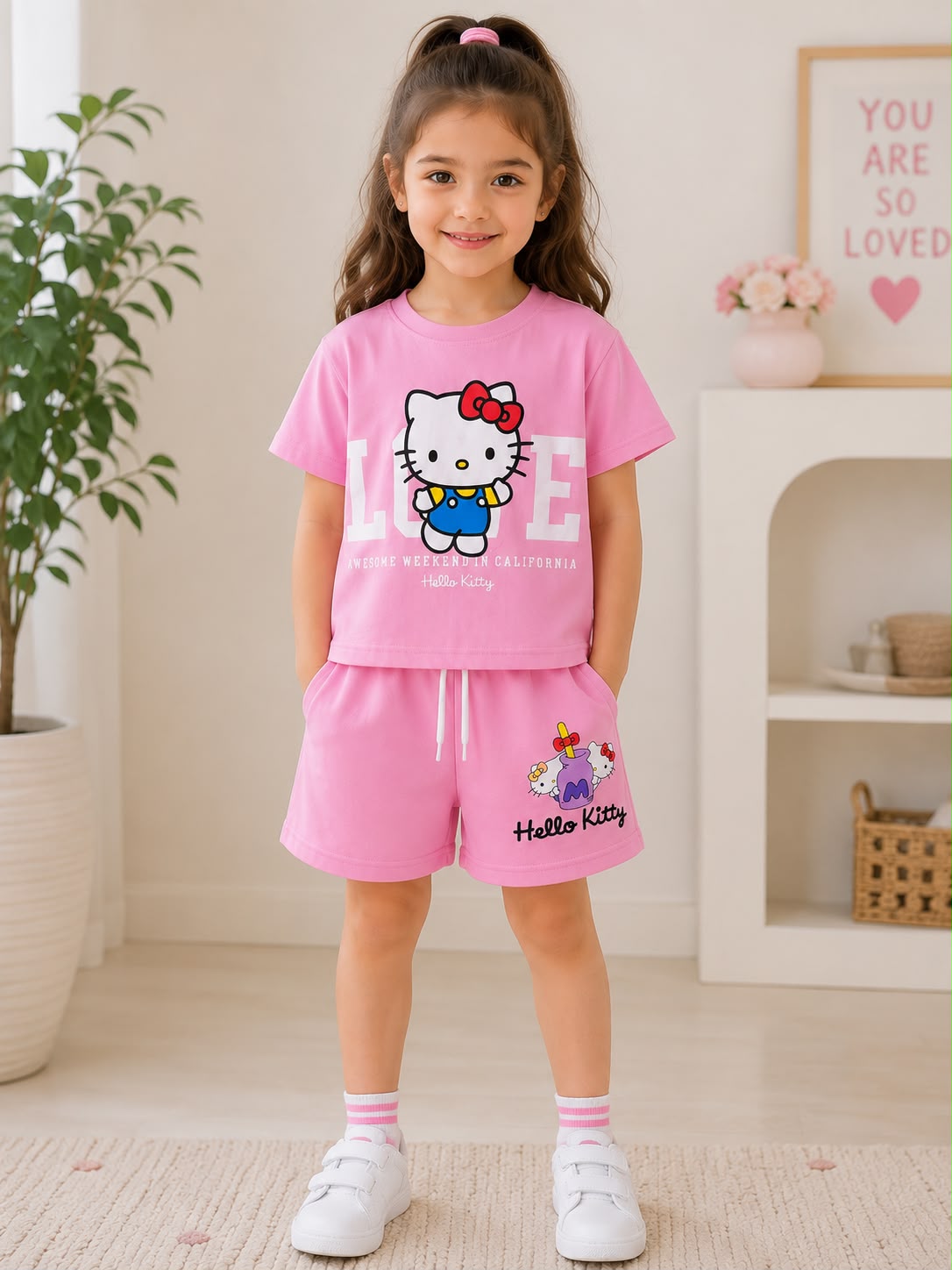 ALYA HELLO KİTY DESENLİ PEMBE KIZ ÇOCUK ŞORTLU TAKIM