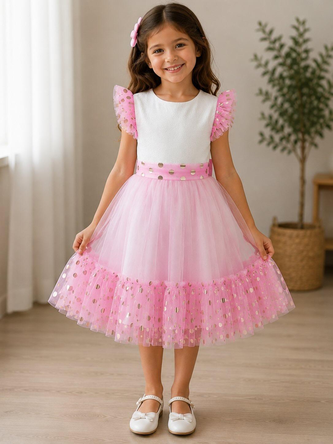 ALYA PEMBE PUANTİYELİ TÜL KIZ COCUK ELBİSE