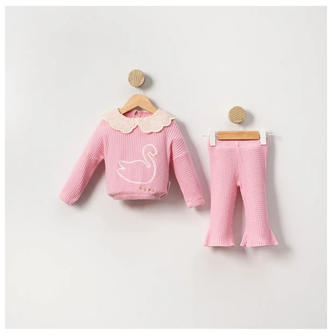 Kuğu süzeneli fisto yakalı şardonlu waffle kız bebek 2’li takım