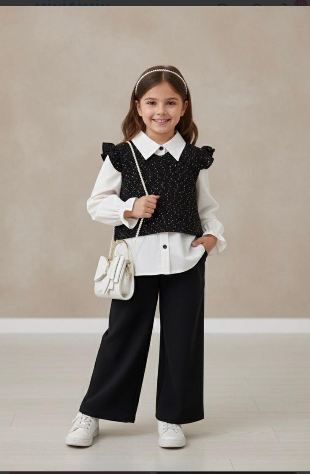 ALYA SİYAH PULLU GOMLEKLİ UST VE SİYAH BOL PAÇA PANTALONLU KIZ ÇOCUK TAKIM