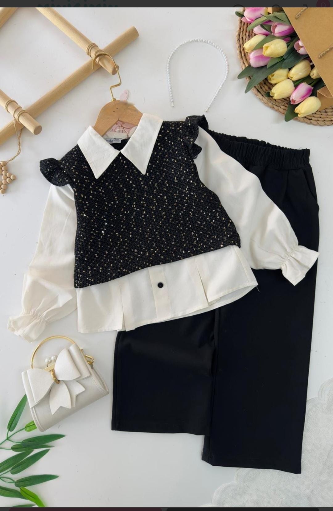 ALYA SİYAH PULLU GOMLEKLİ UST VE SİYAH BOL PAÇA PANTALONLU KIZ ÇOCUK TAKIM