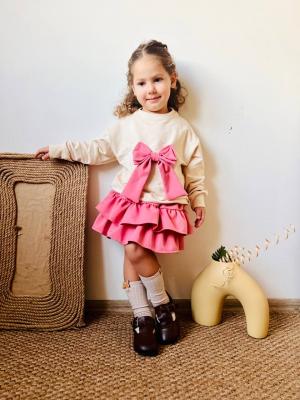 pembe, taşlı, fiyonk detaylı fırfırlı etekli takim