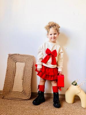 kırmızı, taşlı, fiyonk detaylı fırfırlı etekli takim