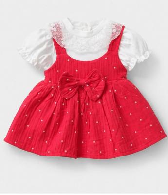 Alya kız bebek kanatlı kırmızı müslin elbise ve kısa kollu tişört